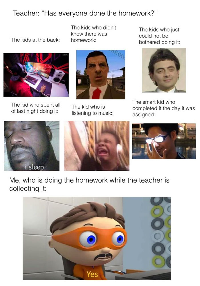School meme showing different student reactions when asked about homework, from gaming to listening to music and last-minute work.