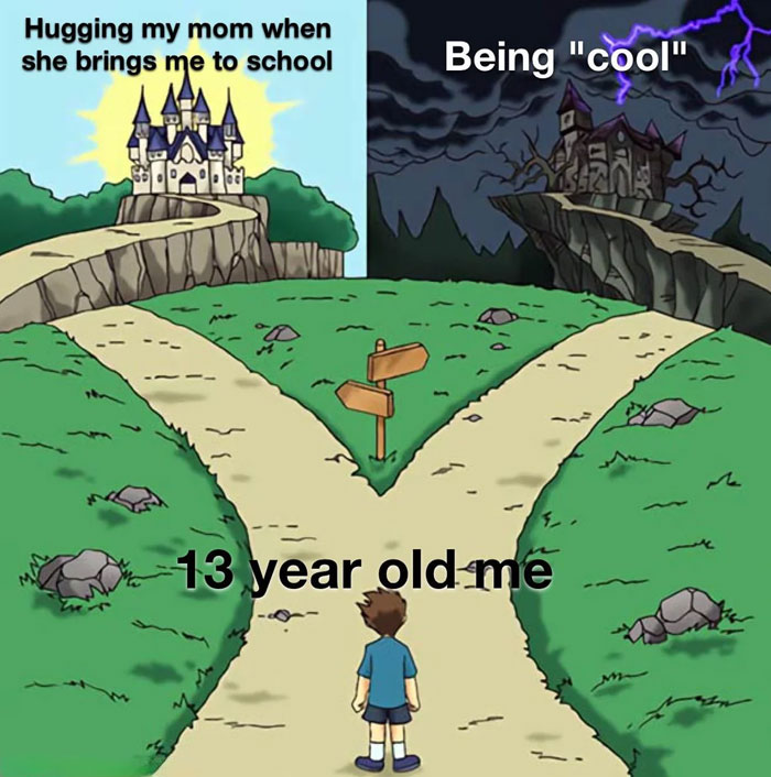 School meme of a teen choosing between hugging mom at school or being 'cool,' illustrating classroom struggles.