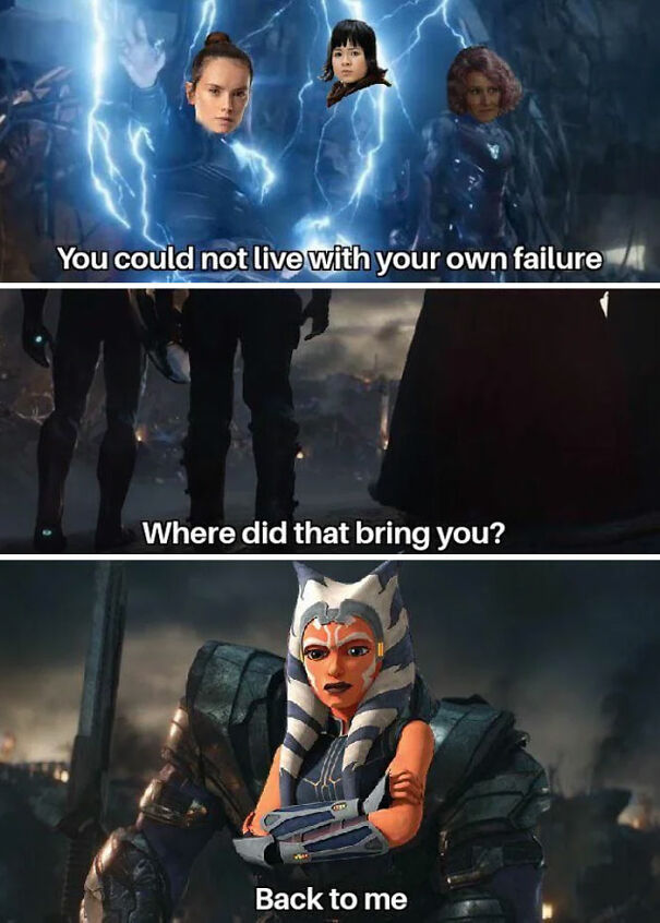 Star Wars meme with characters in a dramatic showdown, featuring humorous text.