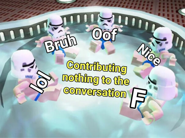 Lego Stormtroopers in a hot tub with text like "Bruh" and "Oof" representing Star Wars memes.