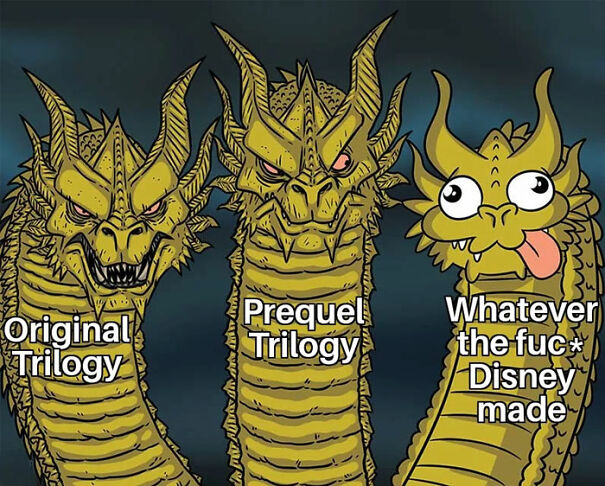 Three-headed dragon meme representing "Star Wars" trilogies with humorous expressions.