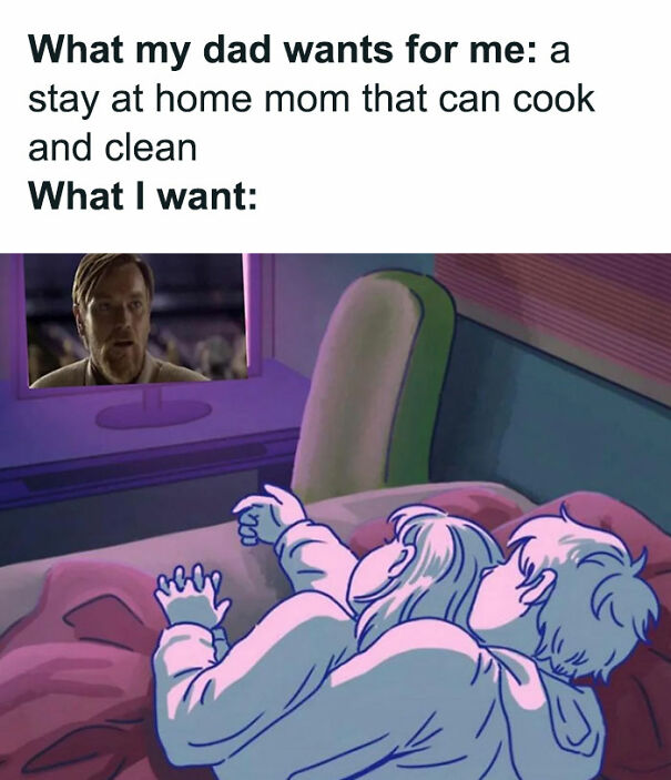 Star Wars meme with Obi-Wan Kenobi on a screen, depicting humorous contrast between dad's and child's wishes.