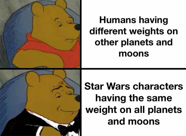 Pooh bear meme comparing human and Star Wars character weights on planets, highlighting a humorous take on Star Wars memes.