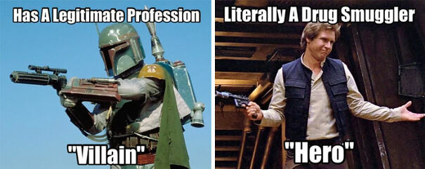 Star Wars meme contrasting Boba Fett as "Villain" and Han Solo as "Hero" with humorous text.