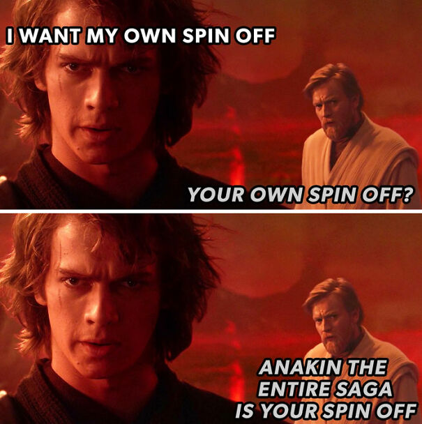 Star Wars meme with two characters discussing spin-offs, one wanting their own.