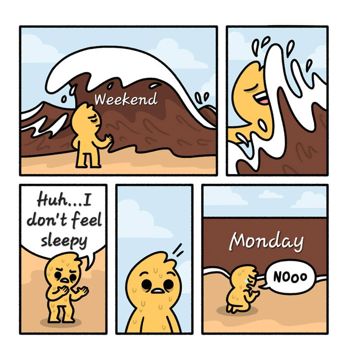 Comic character overwhelmed by wave labeled "Weekend," facing "Monday" with reluctance, capturing Sunday meme humor.