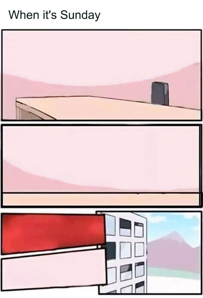 Comic strip showing a Sunday scene transitioning to Monday, with an office building in the background.