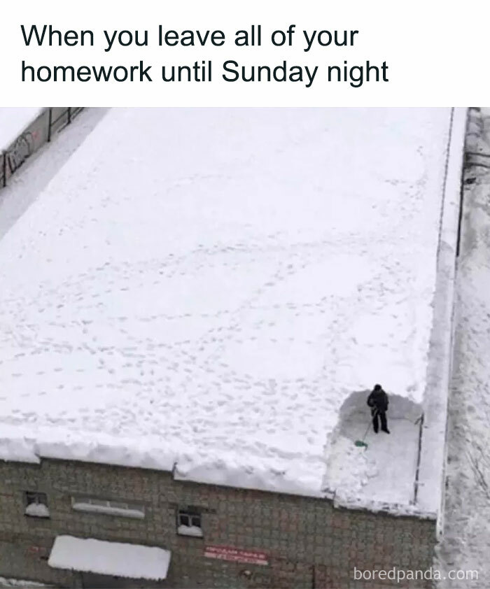 Man clearing snow on a roof with text about leaving homework until Sunday, capturing Monday memes humor.