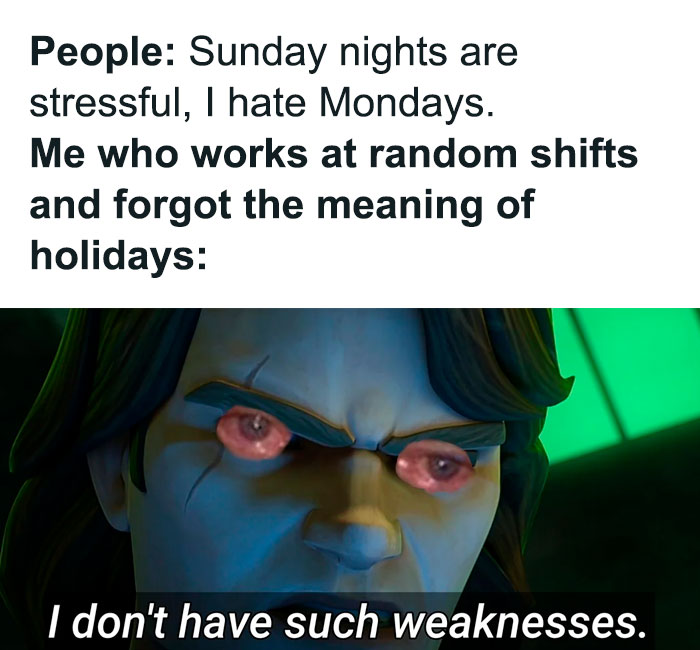 Character with glowing red eyes, expressing readiness for Monday, contrasting typical Sunday stress.