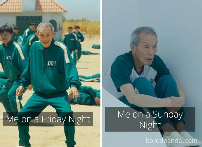 Two contrasting scenes of a man on Friday and Sunday, capturing the humor of weekend memes.
