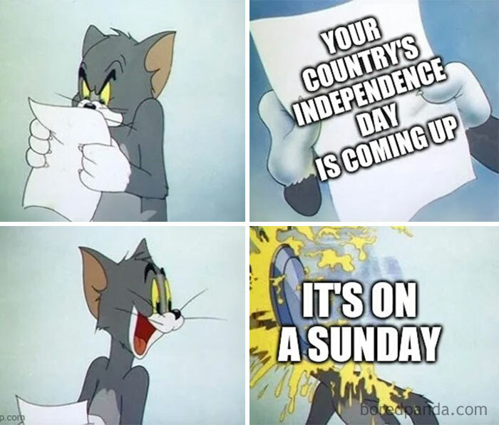 Tom reads paper, realizing Independence Day is on a Sunday, expressing surprise and frustration in a four-panel meme.