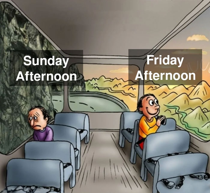 Cartoon comparing Sunday and Friday moods on a bus ride, highlighting the feeling before Monday starts.