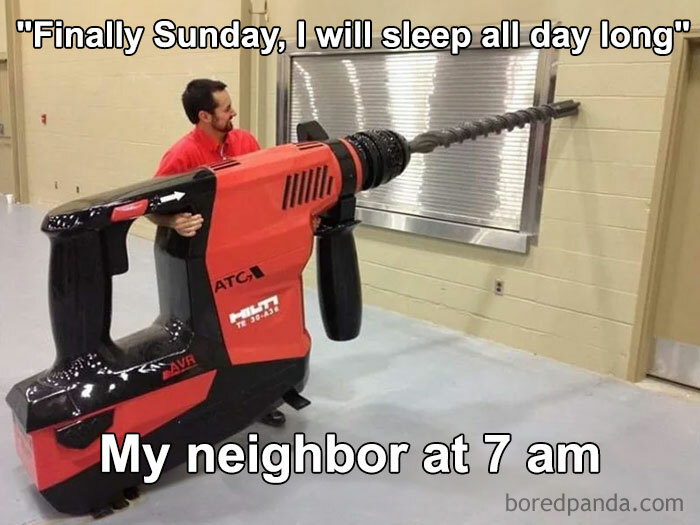Man with oversized drill in a meme about Sunday and Monday woes.