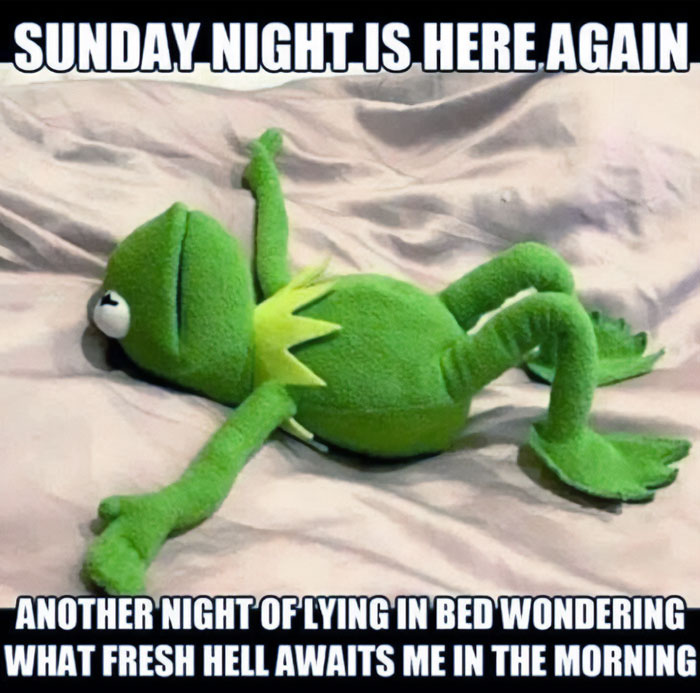 Kermit the Frog lying on the bed with text about Sunday night and facing Monday.