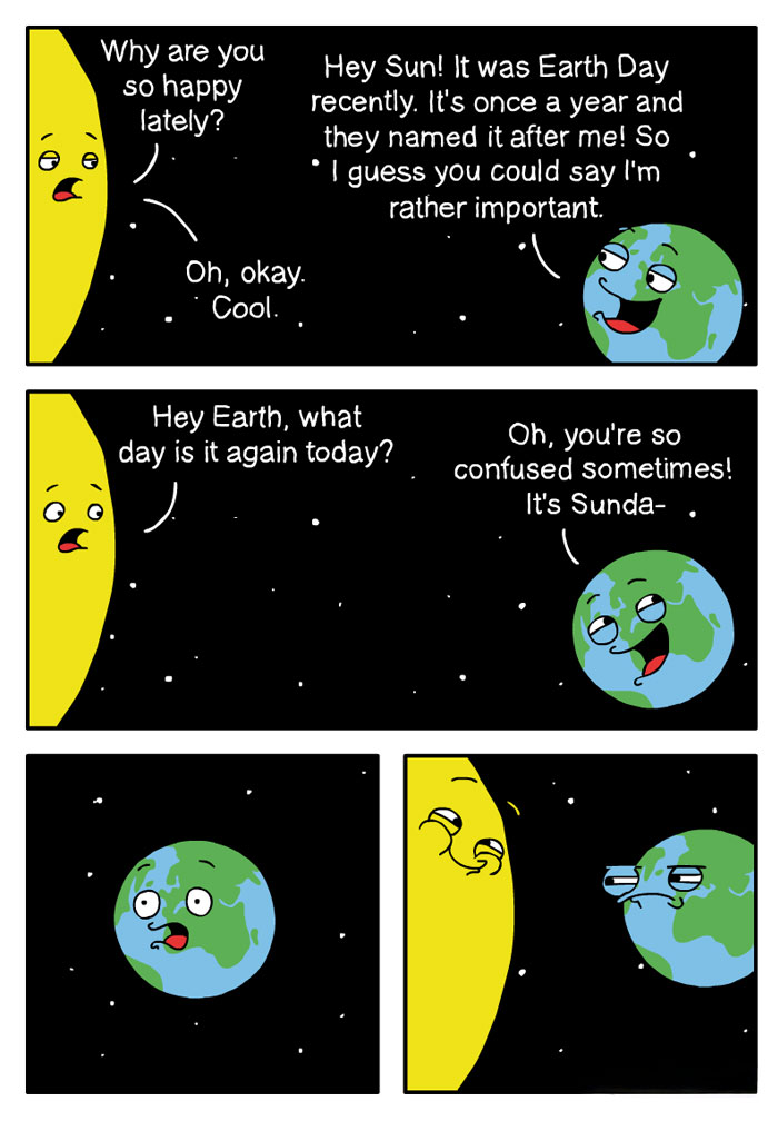 Earth and Sun in a comic discussing the importance of Earth Day, highlighting the humor of not remembering days, ideal for Sunday memes.
