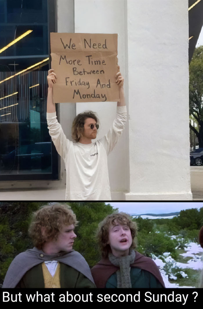 Person holding a sign about needing more time between Friday and Monday; humorously questioning Sundays.