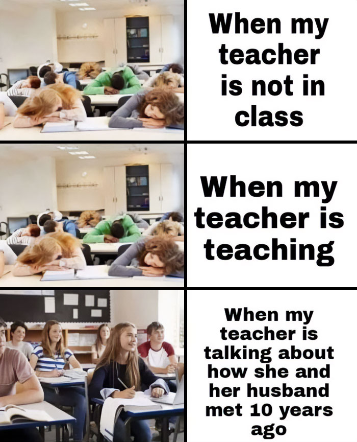 Students engaged during storytime, showcasing teacher memes on the highs and lows of classroom dynamics.