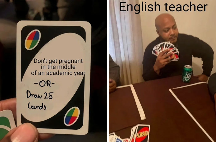 Teacher meme showing a card game humorously relating to the hardships educators face, with an English teacher holding cards.