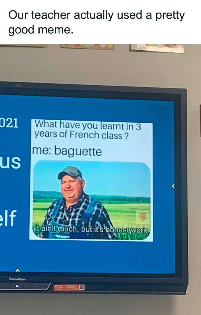 Teacher meme displayed on a classroom screen, humorously capturing the challenges educators face.