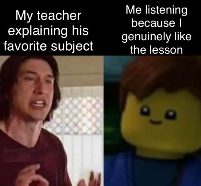 Teacher meme: one panel with a man explaining, another with a smiling LEGO figure, capturing educators' challenges humorously.