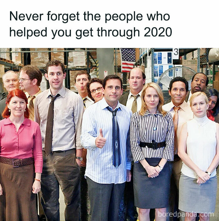 A "The Office" meme featuring the entire Dunder Mifflin staff standing together in the warehouse, with Michael Scott giving a thumbs up. The text above the image reads, "Never forget the people who helped you get through 2020." The meme humorously acknowledges the comfort and entertainment that "The Office" provided during a challenging year.
