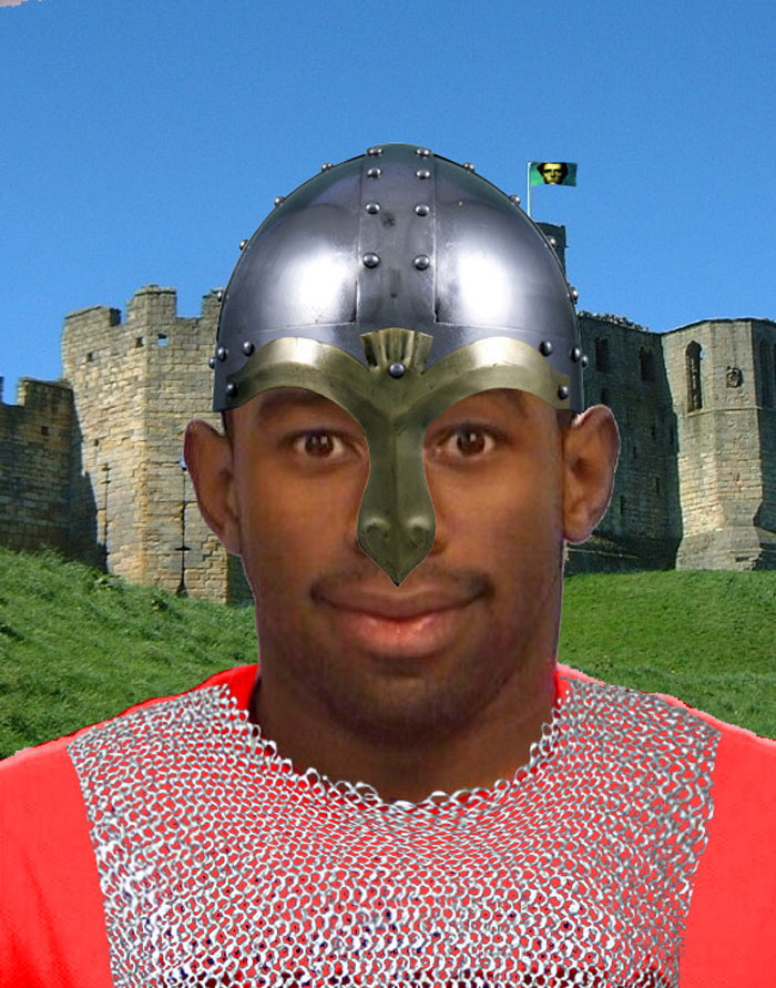 "Tyler The Creator mugshot edited with medieval knight armor in front of a castle.