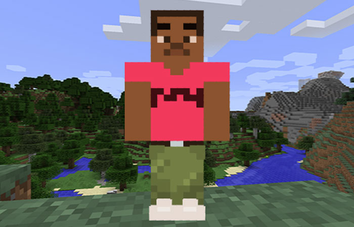 "A Minecraft character designed to resemble Tyler The Creator Mugshot, wearing a pink shirt and green pants, standing in a blocky outdoor landscape.