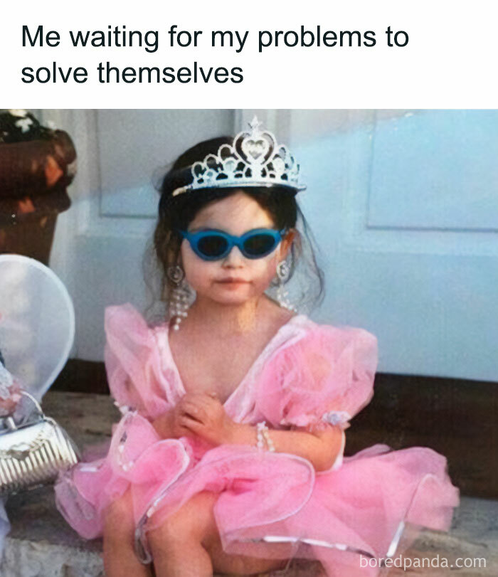 A waiting meme of a child in a pink princess dress and tiara, sitting with folded hands, expressing impatience.