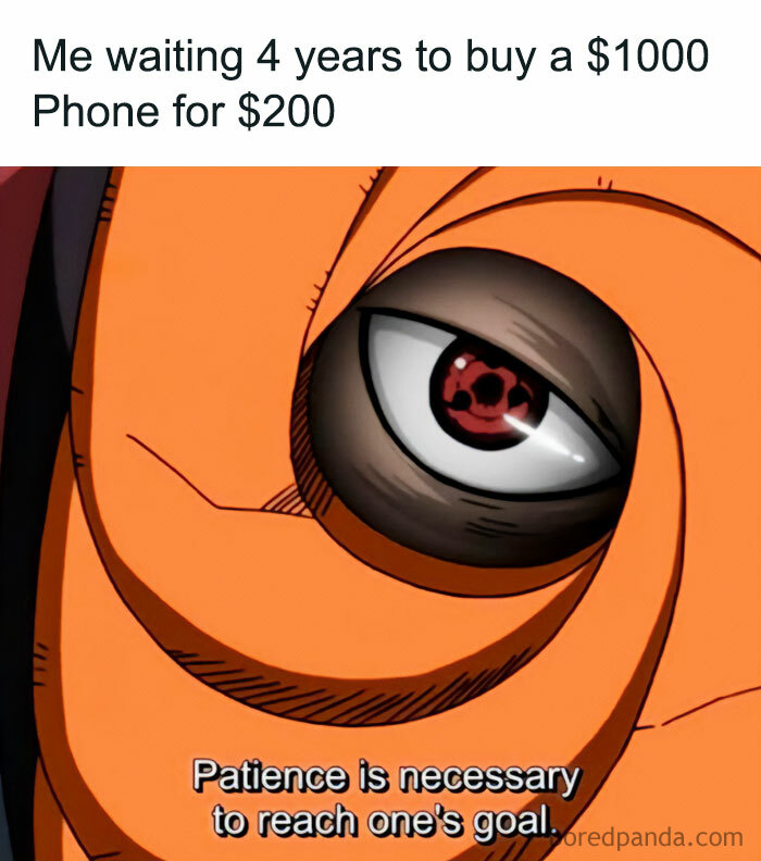 Anime character eye close-up in waiting meme, captioned "Patience is necessary to reach one's goal" for a phone price drop.