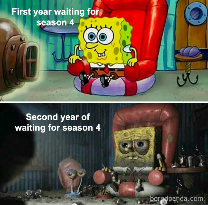 SpongeBob waiting meme: cheerful first year vs. exhausted second year waiting for season 4.