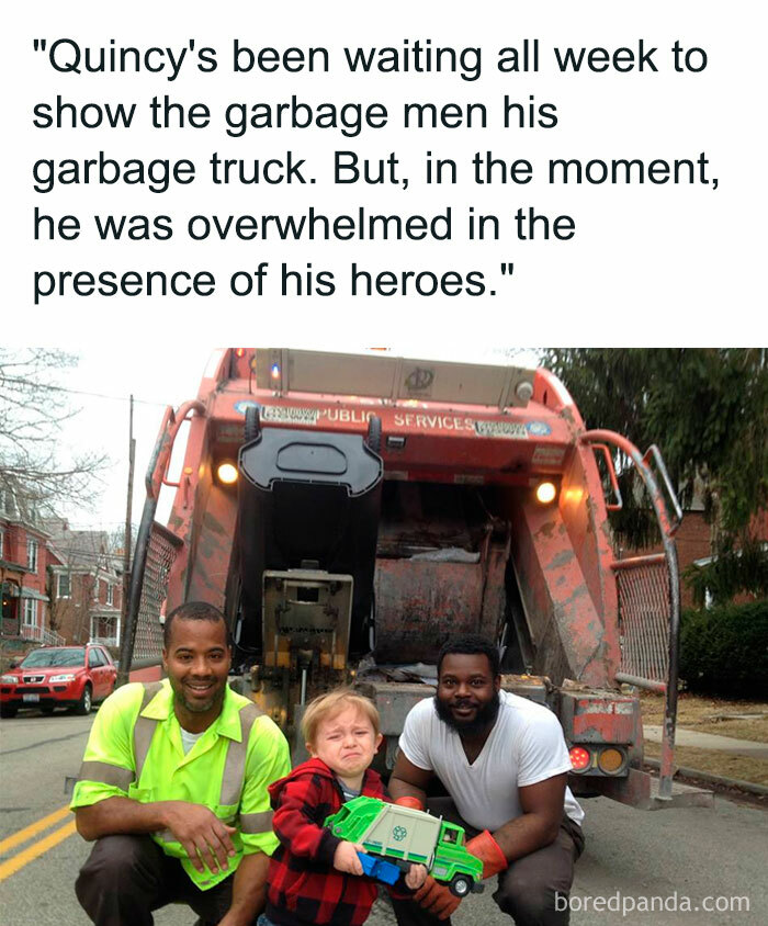 Young boy with toy garbage truck meets his heroes, two garbage men, highlighting anticipation and excitement in a waiting meme.