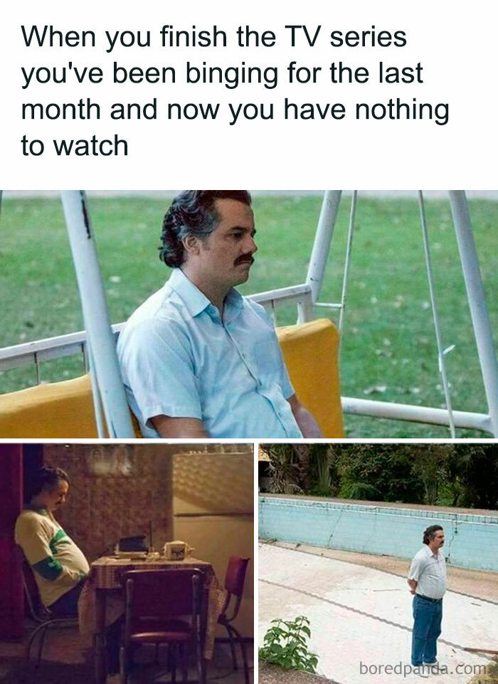 A waiting meme with a man looking bored on a swing, at a table, and in an empty pool area.