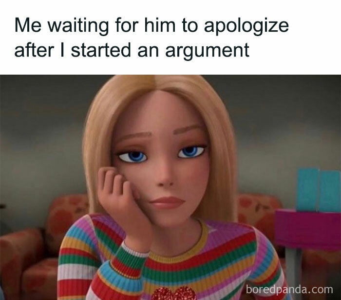 Cartoon character with long blonde hair looking bored, capturing the humor of waiting for an apology. Waiting meme.