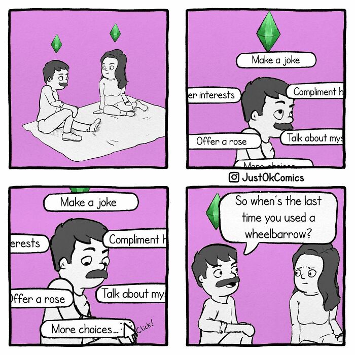 Comic showing two people with a green plumbob above, humorously depicting everyday life in goblin mode style.
