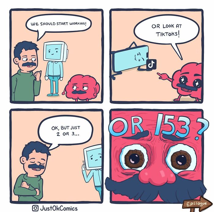 Comic panels showing a humorous everyday life scene with characters debating work or watching TikToks, featuring goblin mode humor.