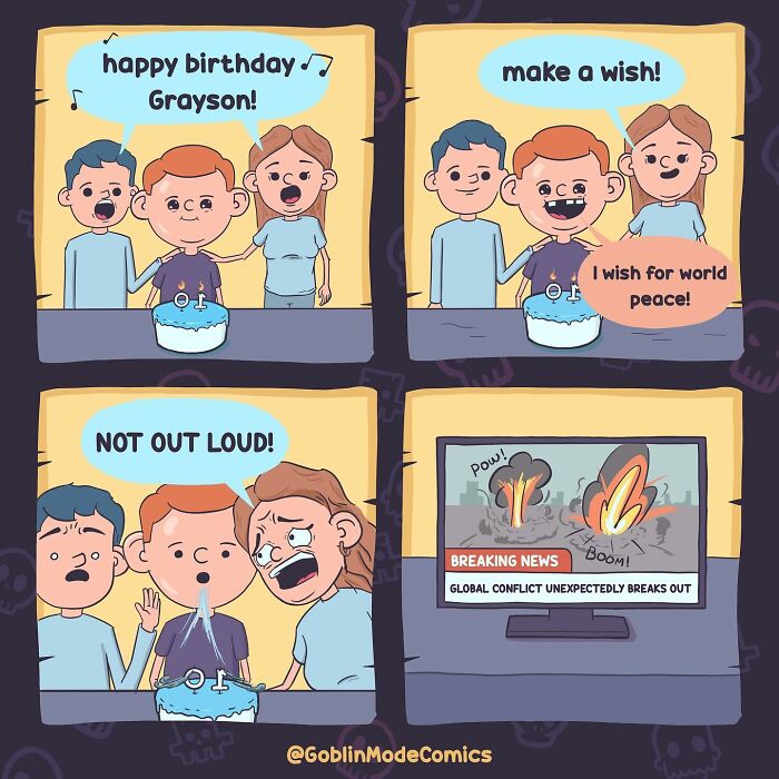 Comic strip showing a birthday wish for world peace humorously causing global conflict, illustrating goblin mode everyday life humor.