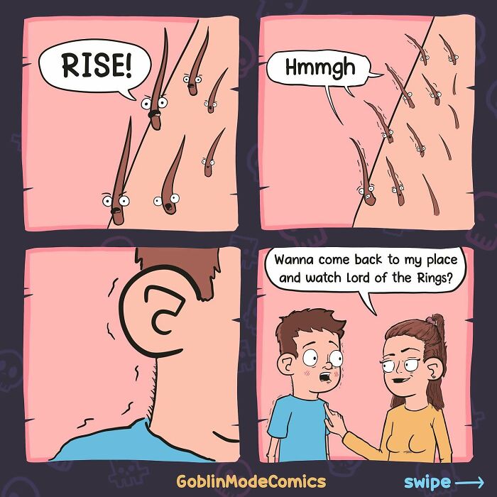 Comic panels showing animated hair follicles waking up, paired with a humorous everyday life scene from Goblin Mode activated comics.