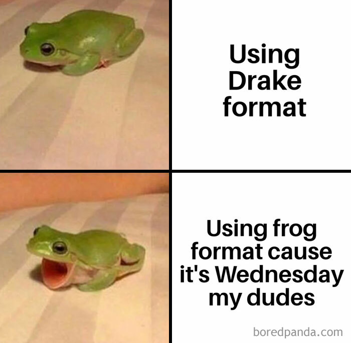 Two-panel Wednesday meme with a frog contrasting Drake meme format for midweek humor.