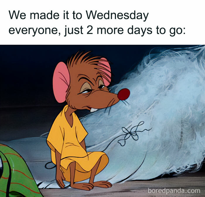 Tired mouse in a yellow shirt symbolizes midweek mood boost, captioned "We made it to Wednesday, just 2 more days to go."