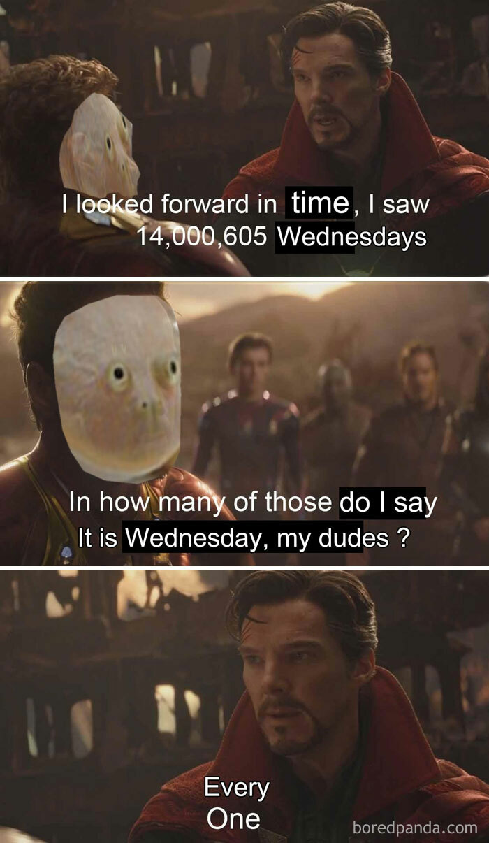 Dramatic movie scene meme with frog face asking about Wednesdays, combining humor and iconic Wednesday meme.
