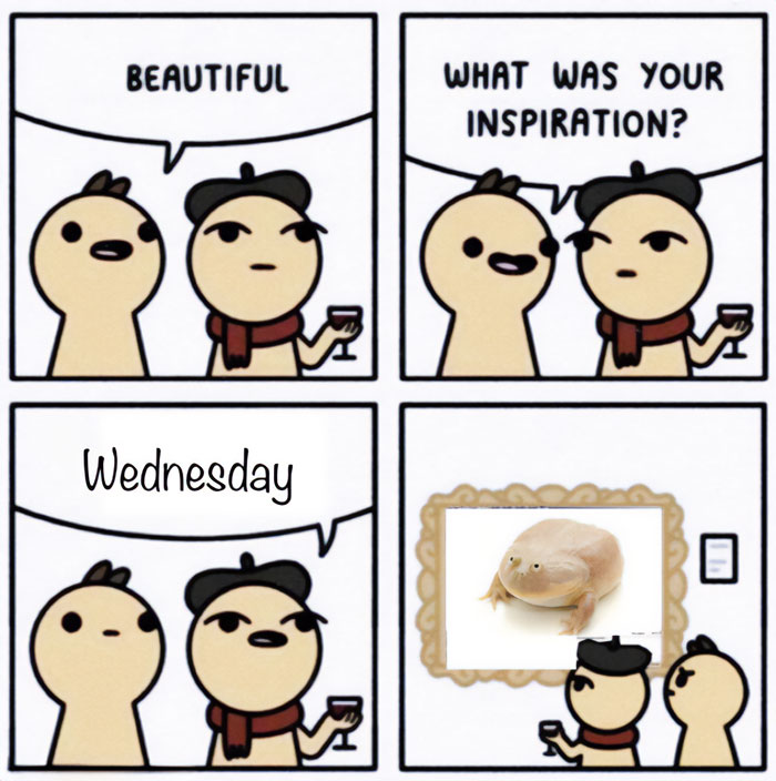Wednesday memes comic strip with two characters admiring artwork of the iconic pale frog, humorously inspired by Wednesday.