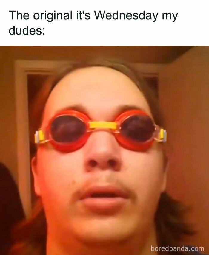 A Wednesday meme showing a person in red and yellow goggles, serious face, referencing "It's Wednesday my dudes" video.