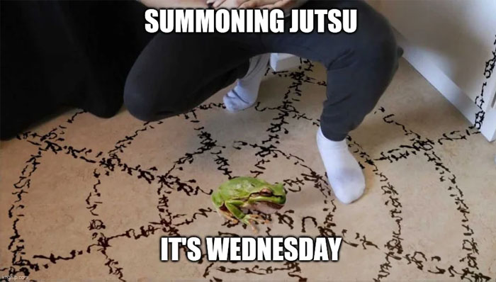 Wednesday meme with a person using "Summoning Jutsu" to conjure a frog, humorously acknowledging it's Wednesday.