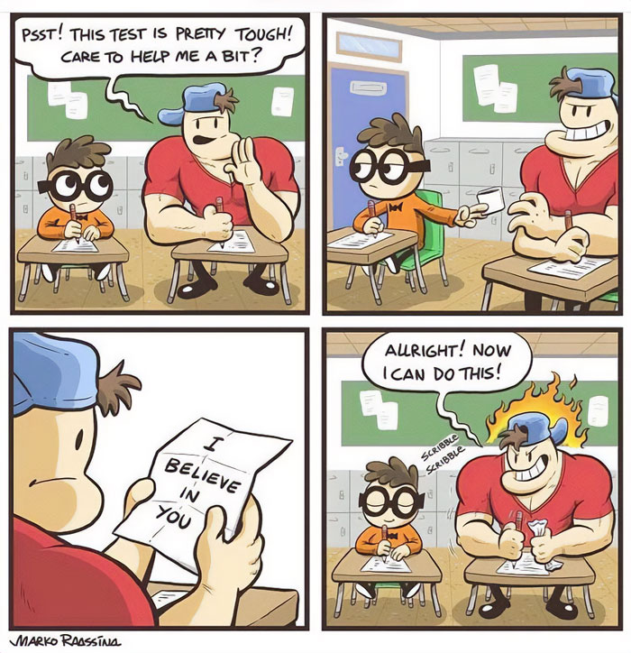 "You can do it" meme comic: student gains confidence from an encouragement note during a tough test.