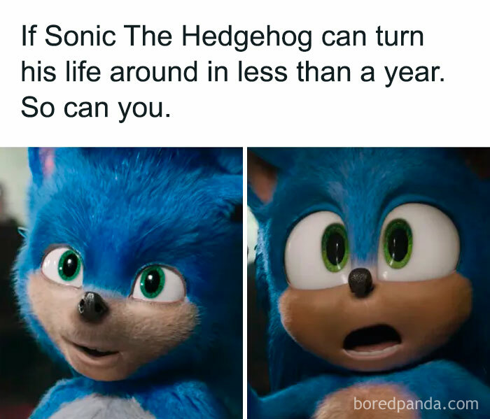 "You can do it" meme with Sonic the Hedgehog showing determination and surprise, encouraging self-improvement.