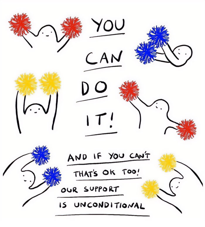 "You can do it" meme with hand-drawn characters and colorful pom-poms, offering encouragement and unconditional support.