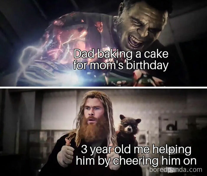 "You can do it" meme with Hulk struggling to bake and Thor cheering as a child helps.
