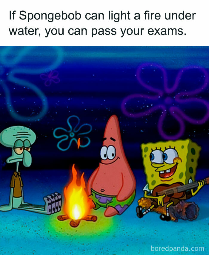 "You can do it" meme with SpongeBob, Patrick, and Squidward around an underwater campfire, encouraging exam success.