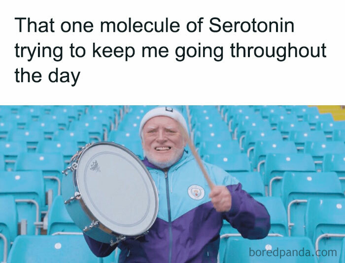 Older man in Manchester City jacket playing a drum in "You Can Do It" meme, humorously depicting minimal daily motivation.