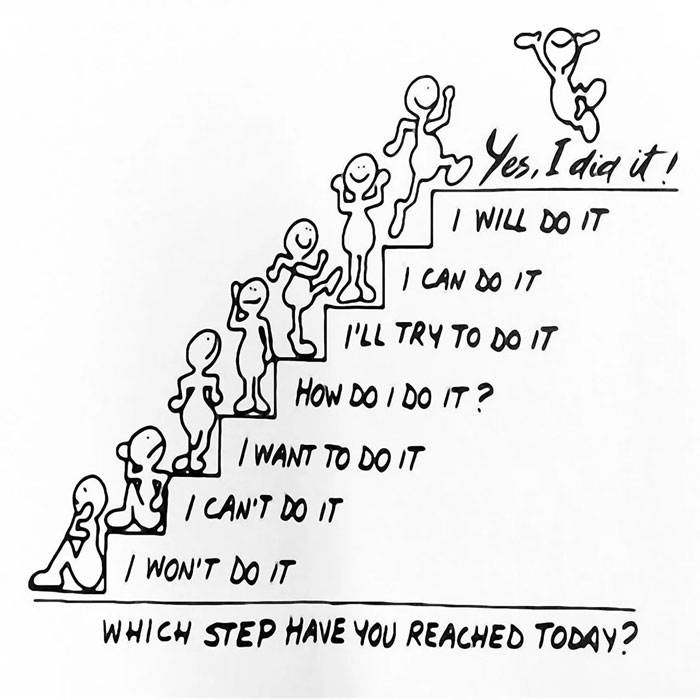 "You can do it" meme with stick figures on a motivational staircase, progressing through stages of achieving success.
